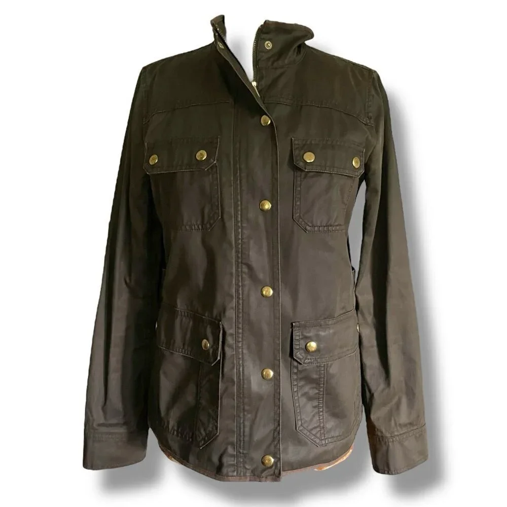 J Crew Womens Downtown Field Jacket Sz Small Olive Green Waxed Cotton Military